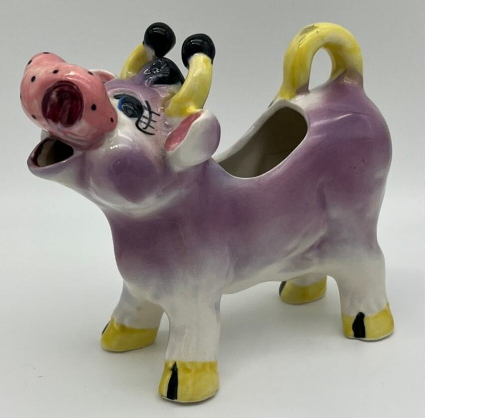 Vtg MCM Thames Ceramic Hand Painted Purple Farm‎ Cow Kitchen Creamer Collectible